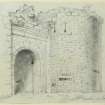 Drawing of exterior view of gatehouse of Borthwick Castle.