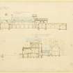 South elevation of stable and kitchen court, section of entrance hall and new wing and North elevation of main building, Aboyne Castle. 
