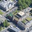 Oblique aerial view of Dumbarton Academy and Burgh Halls, looking NNE.
