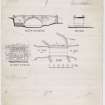 Publication drawings; plan, section, north elevation and detail of heraldic panel, Fogo Bridge.