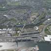 Oblique aerial view of the former site of James Watt Docks, Giant Cantilever Crane and Garvel Wet Dock, looking SW.