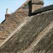 Detail of cottage roof and chimney showing vegetation growth on thatch and wooden ridge; Soutar Johnnie's cottage, Kirkoswald.