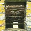 Detail of window and roof beams, 18th century byre; Ruisgarry, Baile.