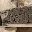 Carpow Pictish cross slab fragment face b, view showing re-use as lintel with chamfer dated 1610