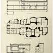 Pen sections and basement floor plan of a design for the Midlothian County Buildings, Edinburgh (1896) by William Bonner Hopkins.