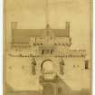 Drawing, after conservation, of elevation of Gateway with proposed statues to Bruce & Wallace.