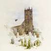 View of Tranent Parish Church in snow.