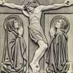Detail of carved oak panel showing the Crucifixion on nave ceiling, St John's Church, Perth.
