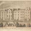 Fold perspective view of the Poor House.
Rare Book 30: The History of Edinburgh by Hugo Arnot, opp. p.555
 inscr. 'A Perspective View of the Poor House Edinburgh as it now stands unfinished'; 'The Hon.ble John Elphinstone Esq Engineer delin.'; 'Parr Sculp.'