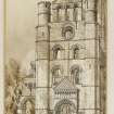 Perspective view from N of N transept, Kelso Abbey by R W Billings that was reproduced in The Baronial and Ecclesiastical Antiquities of Scotland.
