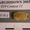 Post excavation, Lead bead [SF19.1] with scale, Carghidown Castle