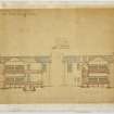 Lilybank Road, Glebelands School.
Recto: Sections. Scale 1/8":1'. Copy, pen, ink and wash.
Victoria Road, Trinity C. U Church.
Verso: Drawing showing foundation plans, block plan & revised elevation of lower part of facade.