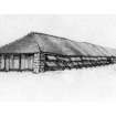 Photograph of drawing showing East Elevation of drying shed, View from South East, South Elevation and Section, and Plan of Drying Shed
Insc. "Geoffrey D Hay, 1975"