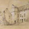 Perspective sketch of The Market Cross, Culross and The Study, insc. 'Culross, Sept.1849'. 
by James Drummond