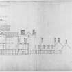 Section through main building and interior elevation of kitchen court.