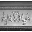 Interior detail of the relief of an urn flanked by two griffons on the fireplace in the dining room on the first floor.