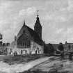 General view of church and churchyard. Photographic copy of an oil painting.