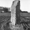 View of standing stone. 
Original negative captioned 'Standing Stone Remains of Circle at Halton, Woodside, Feby 1906'.
