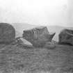 View of recumbent stone and flankers.
Original negative captioned: 'Ardlair Stone Circle, Kennethmont, Recumbent Stone from inside of circle August 1905'.