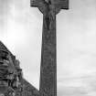 Oronsay Priory, Great Cross.
Detail of cross of Colinus MacDuffie from West showing interlace and Christ crucified.