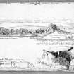 Annotated drawings of cairn. One shows the cairn in the surrounding landscape, the other is a detailed drawing of the cairn itself. There is also a sketch plan of the cairn. From album, page 70.  Digital image of AYD/194/1/P.