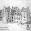 Perspective view of Kellie Castle from south east. Insc: 'R.S.Lorimer  Delt 88'.