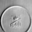 Edinburgh, Gorgie Road, Gorgie House, interior.
Digital image of view of a plaster ceiling roundel bearing a coat of arms, comprising a crown above a crossed sceptre and sword. 
Insc: '1661, C R2'. Plus a lion's head.
