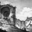 Scanned image of engraving showing general view.
Insc: 'Ruins of Pitsligo. J.C. Nattes Delt. J. Fittler, Exct.'