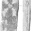 Scanned ink drawing of Pictish cross-slab and ogham inscription