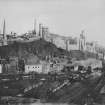 View of Calton Hill and Calton Jail, Edinburgh looking over railway tracks and coal wagons at the eastern entrance to Waverley Station.
