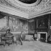 Interior view of Music Room (Middle State Room) in Holyrood Palace, Edinburgh, with harp and piano.