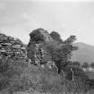 General view of remains of St Mund's Chapel and gravestones, Eilean Munde, Loch Leven.
