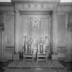 Interior-general view of two thrones with monograms "GR" and "ER" in Throne Room at Holyrood Palace