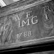 East Parish Church, Church Street, Cromarty.
Interior. Detail of initials of pew holder on breast of North loft.