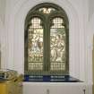 Interior, west vestibule, view of stained glass window