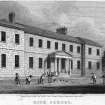 Engraving showing "new" building of Royal High School, Edinburgh on High School Yards site with children playing cricket. 
Titled: 'High School.  Drawn, Eng.d & Pub.d by J.&H.S.Storer Chapel Street Pentonville  June 1, 1819'
