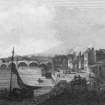 Engraved view of harbour and Auld Bridge.
Titled: 'Ayr'