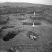 Cairnpapple Hill, photograph of excavation showing stone-holes 6 to 8 (with ranging rods), Beaker grave and Inhumation graves 1-4.