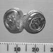 Linked gold buttons, top view, with decorative swirls and looped edgings. Scale in millimetres.