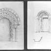 Detail drawings of doorways and section of pillar.