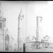 Sketch views of Brechin Cathedral and Anernethy round towers.