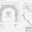 Kinloss Abbey: Section through corbel and string-course at 1:20,  reconstructed elevation (conjectural) at 1:20,  Plan of entrance at 1:20, detail of moulding at 1:2, reconstructed detail (conjectural) at 1:2, Archway profile at 1:5