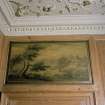 Interior. First floor Dining Room detail of painted overdoor panel of a landscape