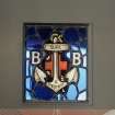Interior. Internal door. Boys Brigade Stained glass. Detail.