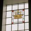 Interior. Clerestory stained glass window. (N) Detail.