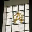 Interior. Clerestory stained glass window. (N) Detail.