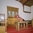 Interior. View of chancel showing communion table and pulpit