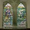 Interior. W wall detail of Mrs Isobel Martin memorial stained glass windows of pastoral scenes by Roland Mitton 1987