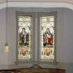 Interior. Detail of chancel stained glass windows in memoory of Archibald Finnie of Springhill and of Archibald Finnie of Kilmarnock