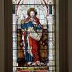 Interior. Detail of chancel stained glass windows.Interior. Detail of chancel stained glass windows in memoory of Archibald Finnie of Springhill and of Archibald Finnie of Kilmarnock